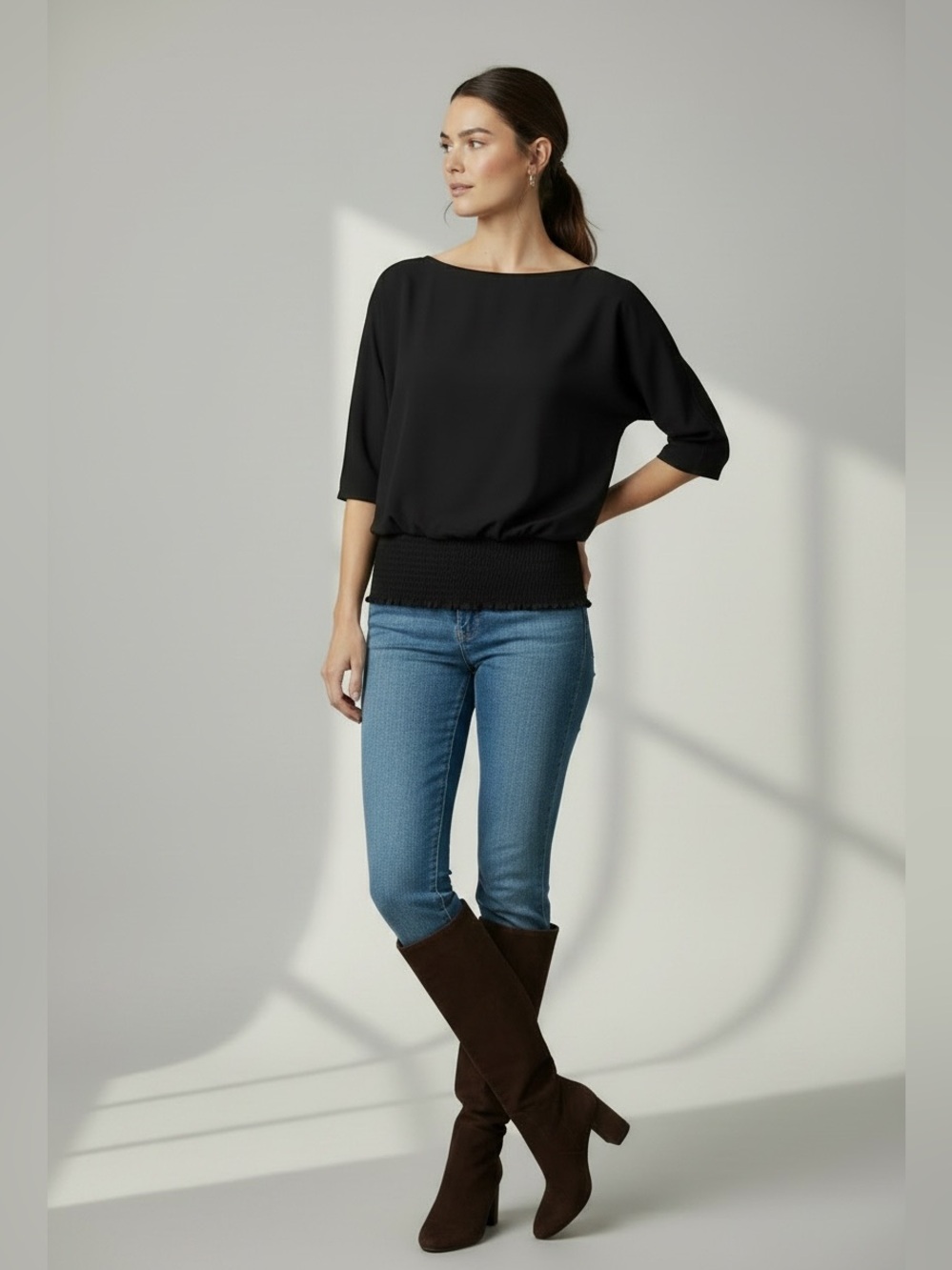 Michael Kors Black Short Sleeve Smocked-Hem Blouse